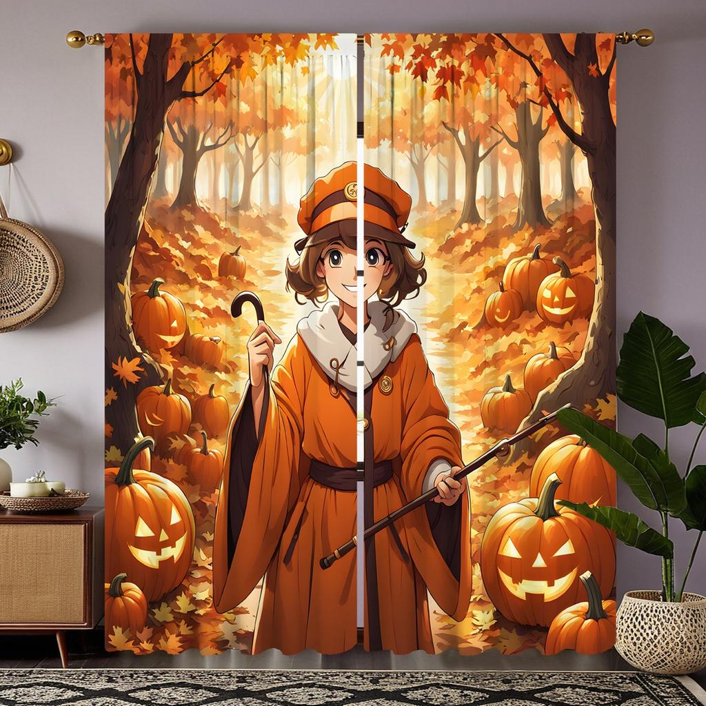 2 pièces HD Feuille d'érable Forêt Prince Jack-o '-lantern rideau avec canne à la main Cravate jaune rideau imprimé numérique Décoration de la maison sty