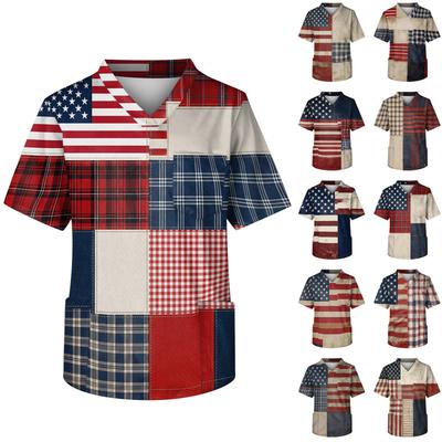 Blusa de trabajo con cuello en V y manga corta estampada para hombre, con bolsillo en el pecho