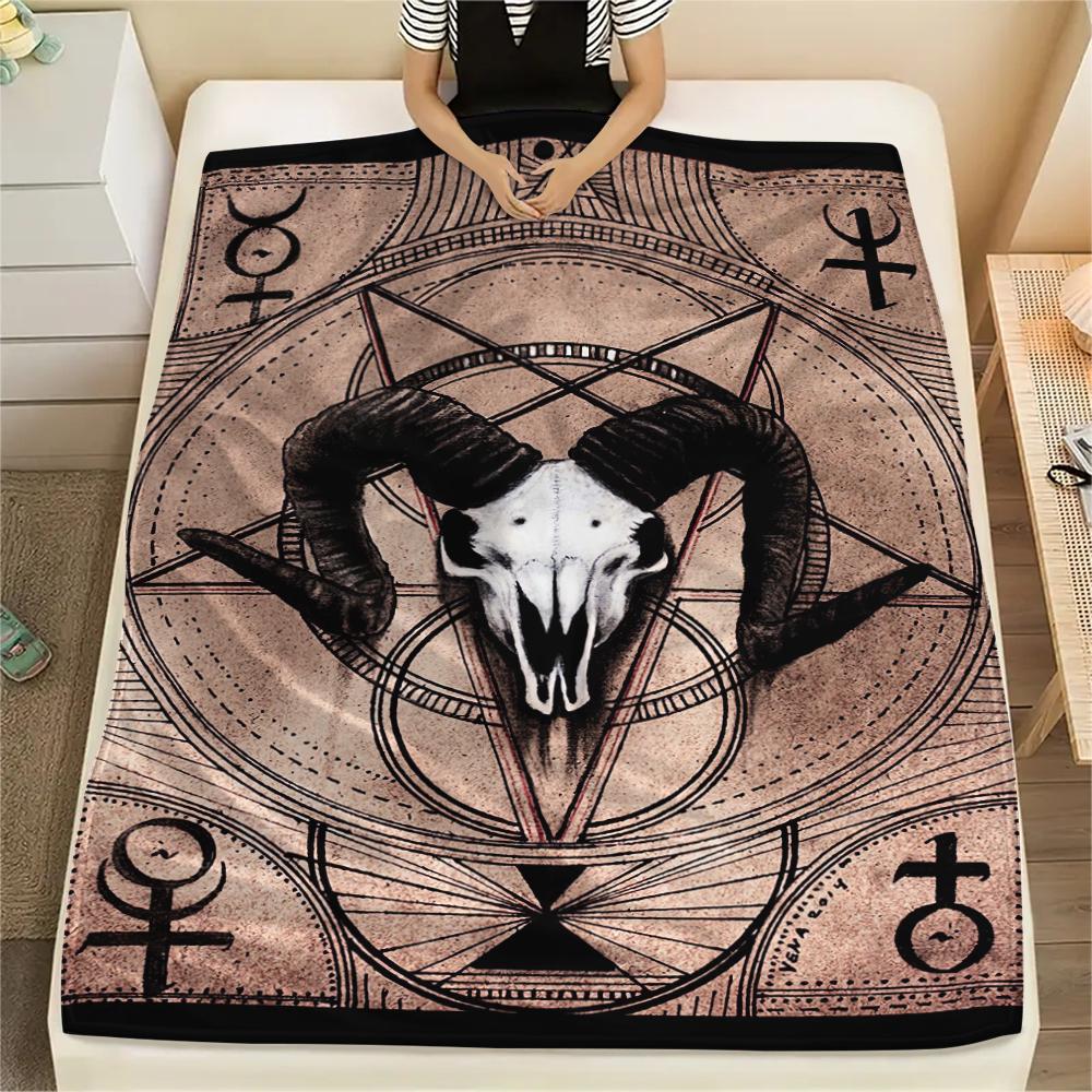 1Pc Skull Satan Print Flannel Blanket, High Quality Comfortable for All Seasons, Home Decor, Warmth and Comfort, Perfect for Christmas Gifts