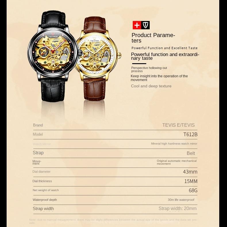 TEVISE Uhr Herren Hollow Fashion Leder Herrenuhr Im Dunkeln leuchtende automatische mechanische Uhr