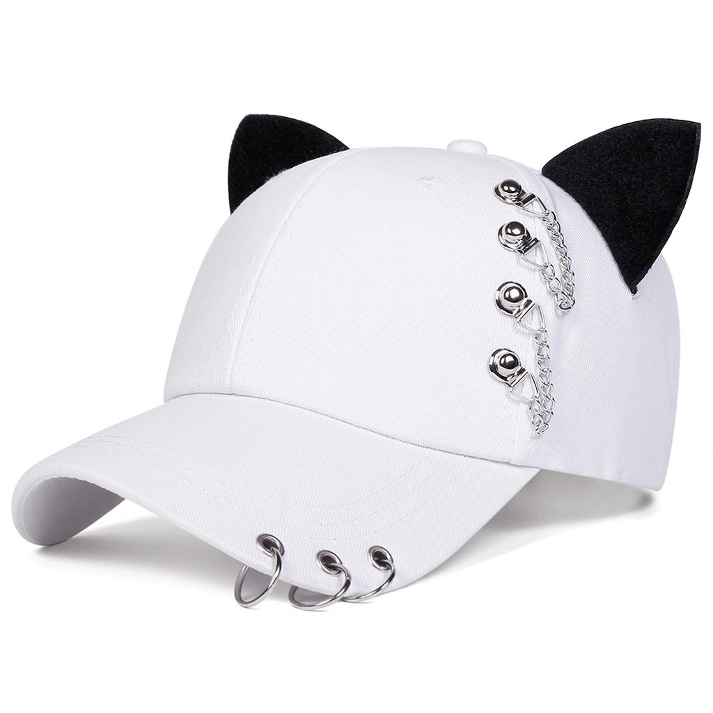 Men Gothic Cat Ear Baseball Cap Chain Iron Ring Outdoor Adjustable Sunscreen Leisure Hat Spring Autumn Travel Tourism Beach Vacation