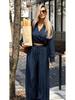 2026 Women's Solid Color Deep V-neck Top + Straight Leg Pants Two-piece Set - European and American Style, Loose Fit, Long Sleeve, Lightly Mature.