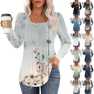 Long Sleeve Shirts For Women Tops Dressy Casual Blouses Pleated Square Scooped Neck Tunic Tops