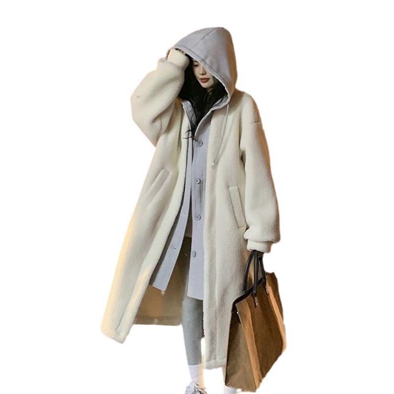 Palton lung cu glugă din piele de miel falsă două piese pentru femei - Modă de iarnă culoare uni cu nasturi