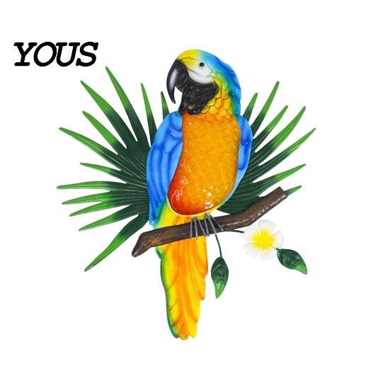 Rust-proof Garden Hanging Metal Parrots Wall Art Decor, Bird Parrot Flower Leaf Decor Pendant, Outdoor Tropical Ornament,