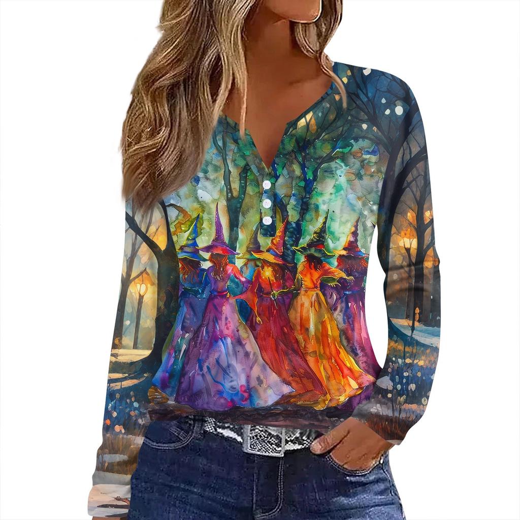 Women's T Shirt Tee HAlloween Print Button Long Sleeve Daily Weekend Fashion Basic V- Neck Regular Top