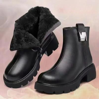 Winter Women Shoes Round Toe Chunky Heel Boots  Leather Shoes for Women Warm Wool Snow Boots Zipper Platform Shoes Wome