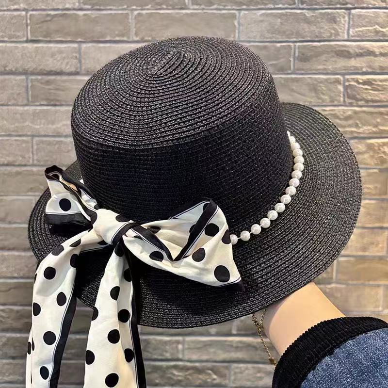 Summer Sunshade Sunscreen Straw Hat Children French Pearl Strap Big Eaves Beach Beach Bow Sun Hat Tide