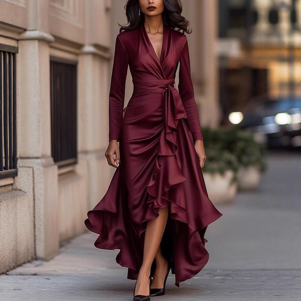 Xqwewanticedd Women's Burgundy European And American Style Clothing, Autumn New V-Neck Waist Ruffle Leaf Temperament Dress Cm