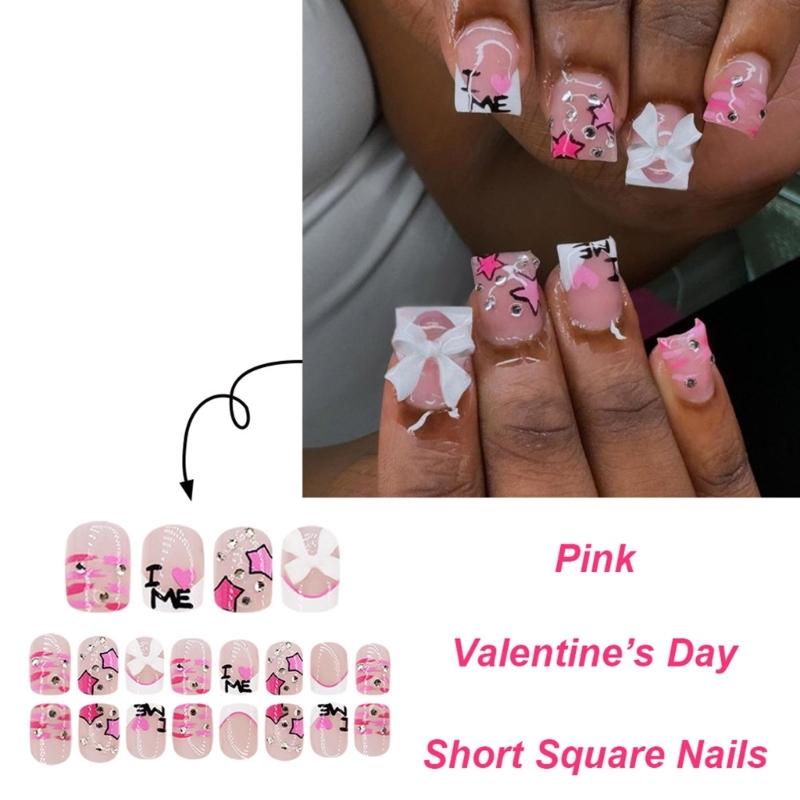 24 Pcs Valentines Day Press On Nail Short Square False Nail 3D Bows Stick On Nail French Tip Artificial Nail
