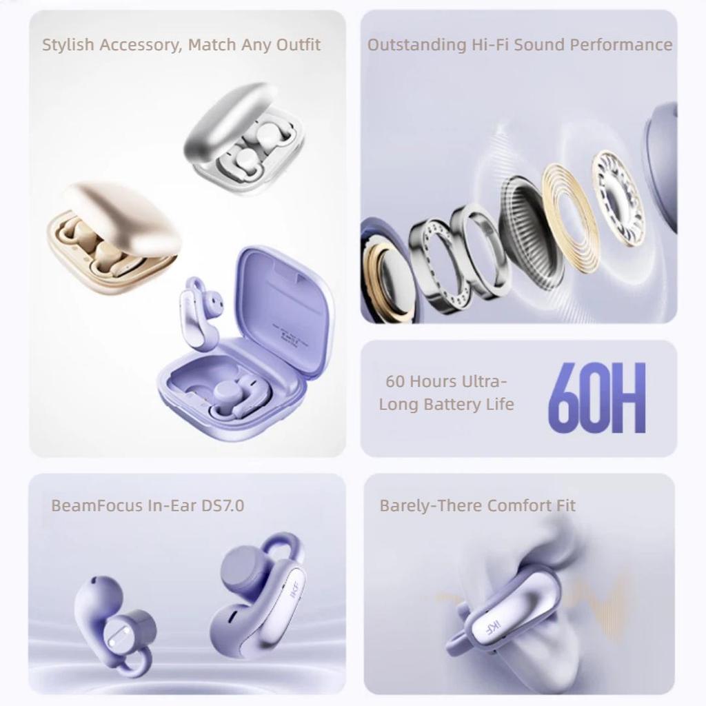 iKF Clip-On Bluetooth Earphones, Open-Ear Design, Air Conduction Concept, Long Battery Life, Purple