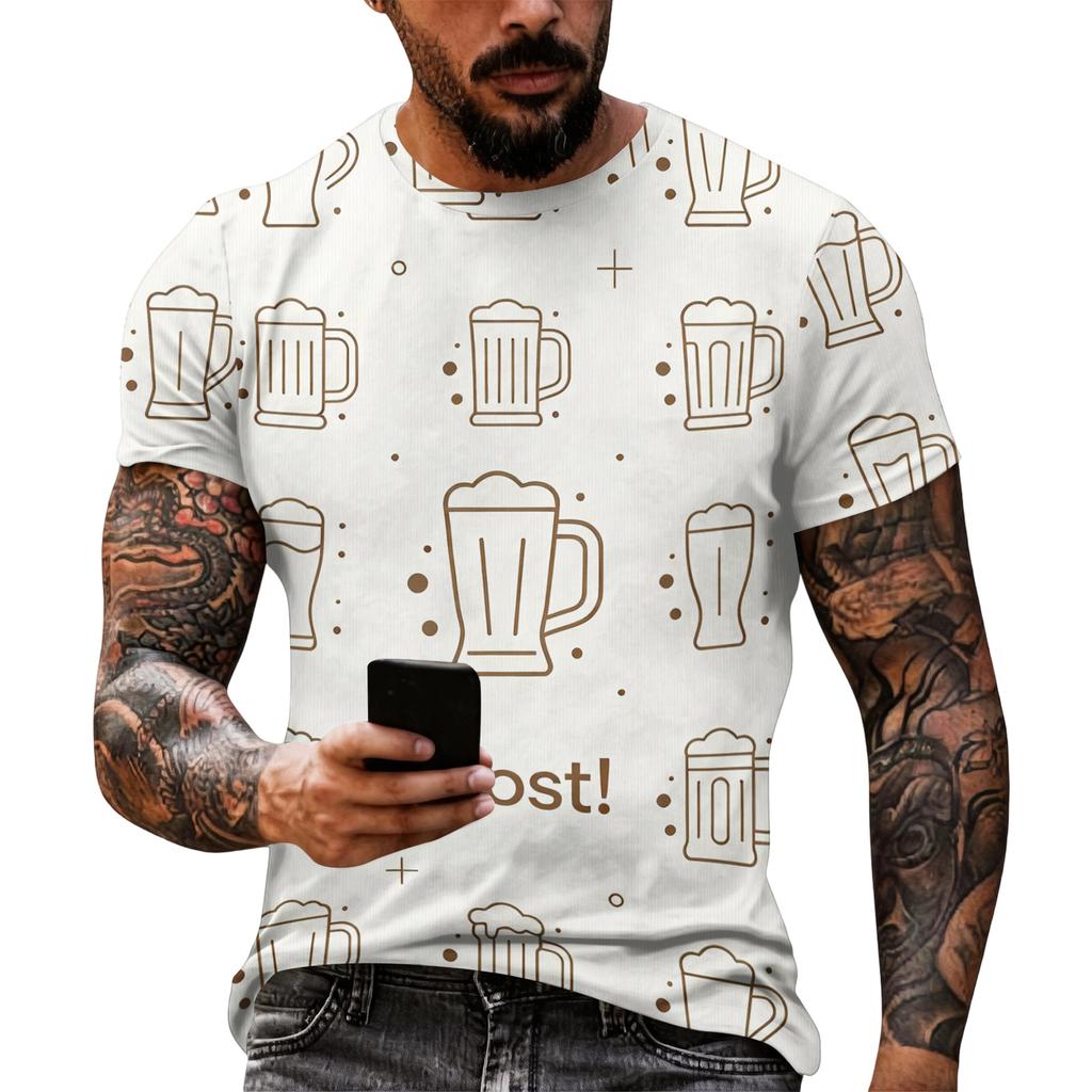 Men's Vintage Texture Print Short Sleeve T Shirt Loose Fit Casual Summer Daily Wear Top with Beer Mug and Brewing Elements Graphic Design