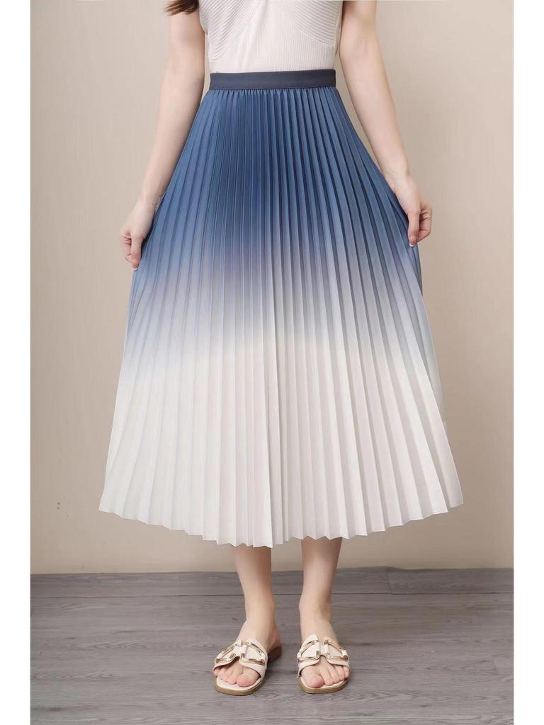 Women's Gradient Pleated Midi Skirt: Classic A-Line Slimming Design for Spring & Summer