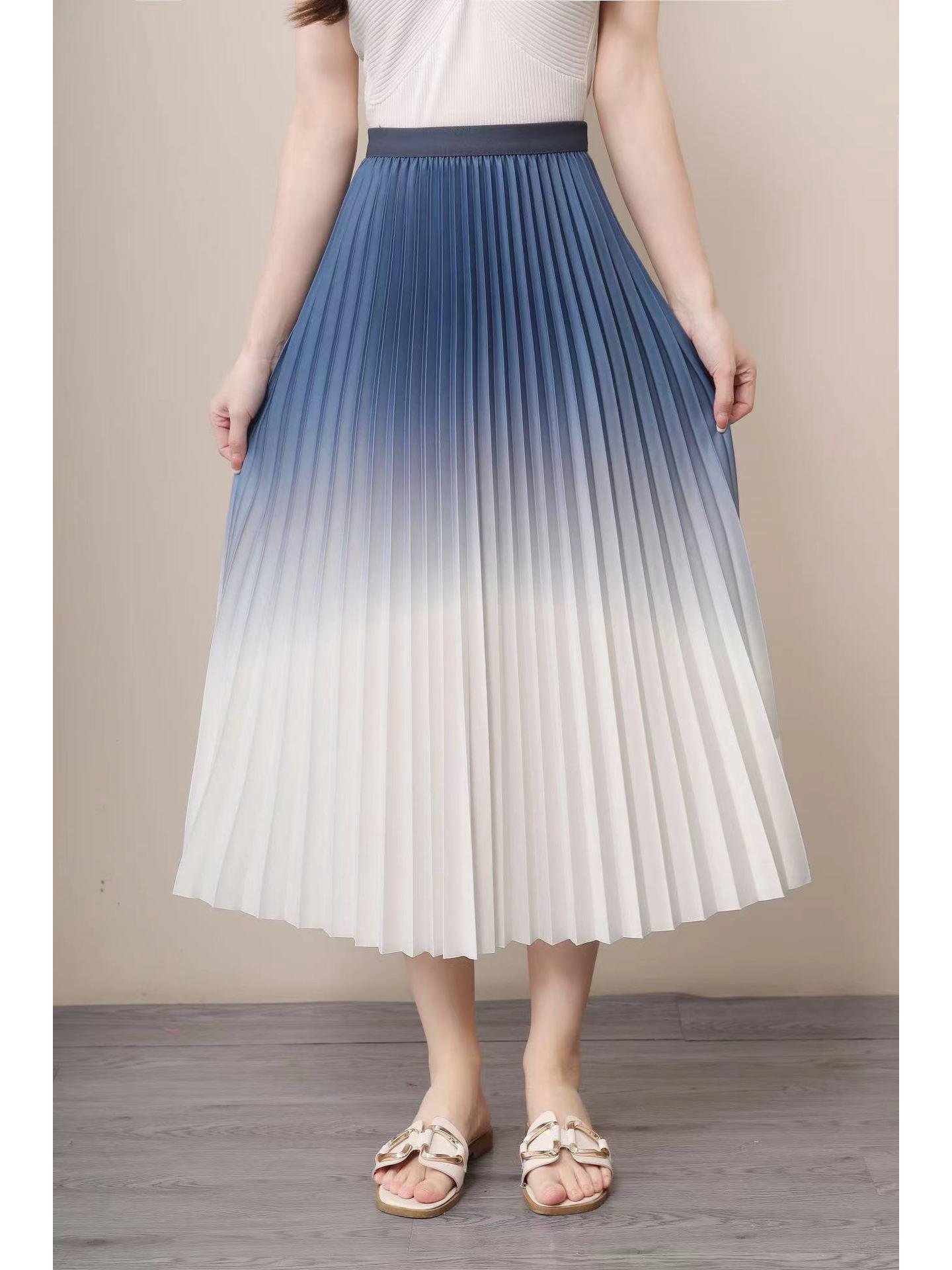 

Women s Gradient Pleated Midi Skirt: Classic A-Line Slimming Design for Spring & Summer One Size