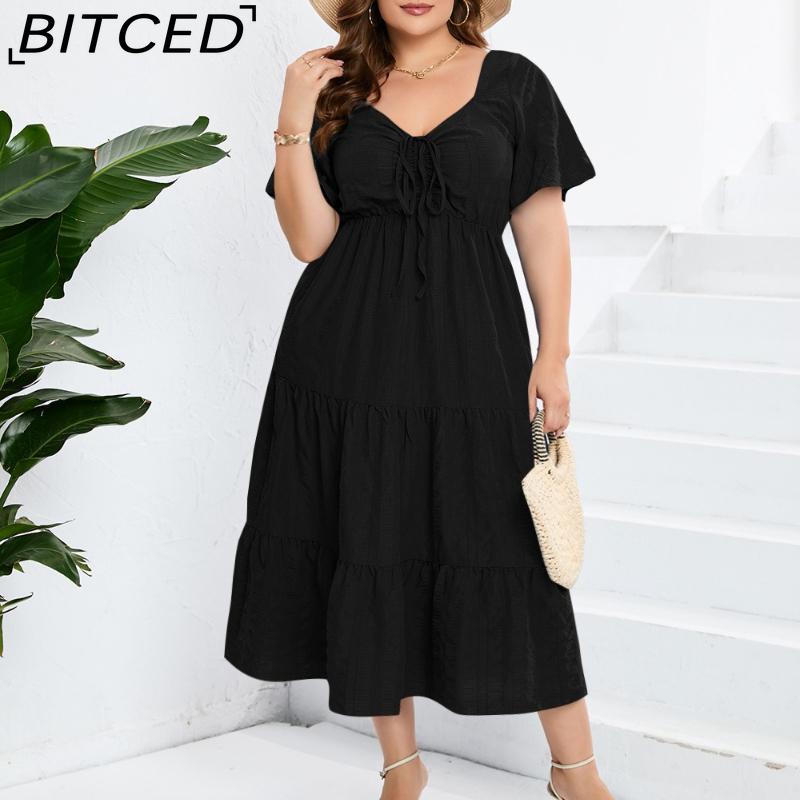BITCED V-Neck High-Waisted Long Dress Short-Sleeve Plus Size Dress