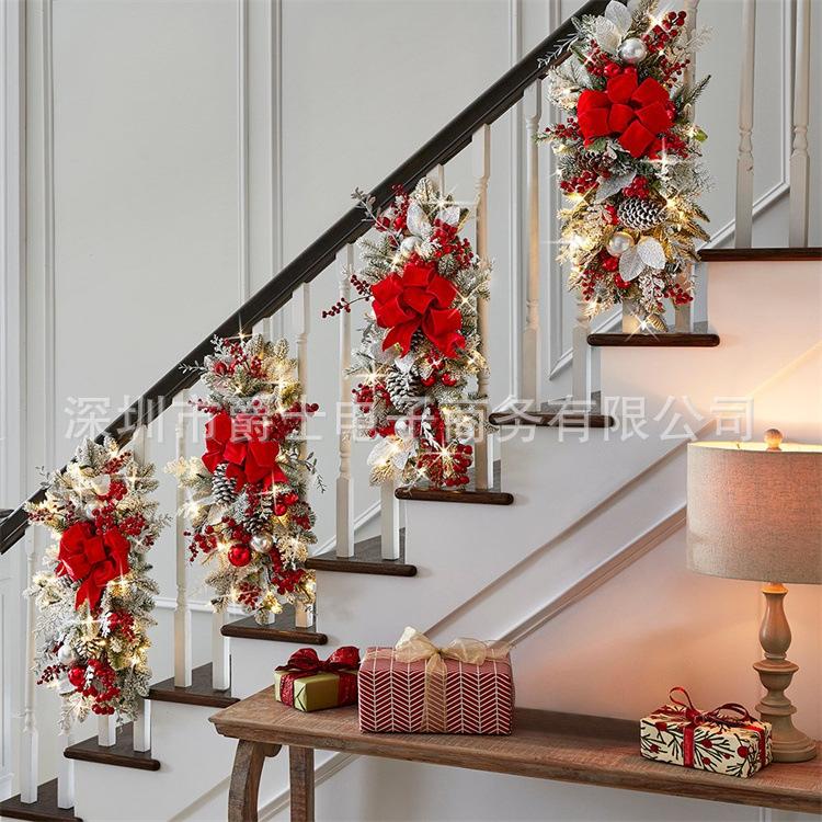 Christmas wreath, red bow, white pine cones, Christmas stair decoration, wreath30CM Lighted pendant