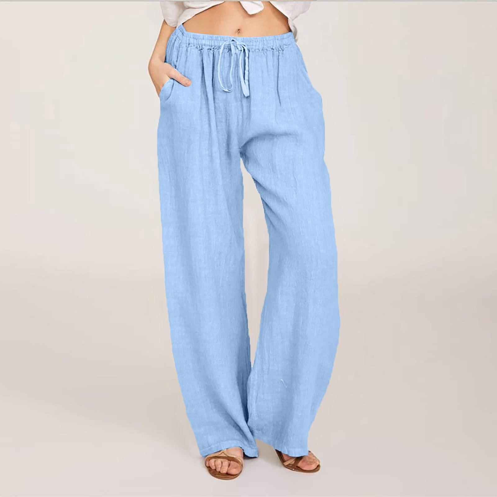 

Летние хлопковые льняные широкие брюки, женские свободные брюки-палаццо, повседневные брюки с карманами и эластичной резинкой на талии, пуговицы XXL синий
