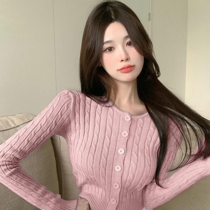 

Вязаный кардиган Женское пальто Длинный рукав Круглый вырез Корейский свитер Винтажный Приталенный Короткий топ Весна