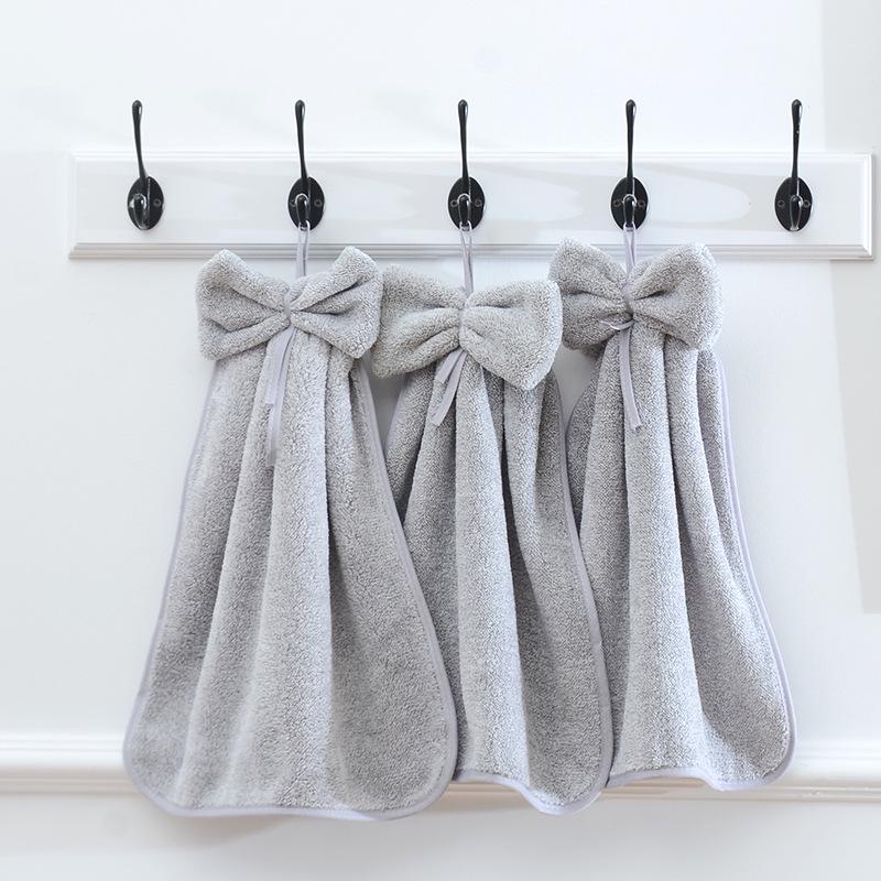 Coral Fleece Bow Hand Towel - Soft, Absorbent, Lint-Free, Hangable Cloth 