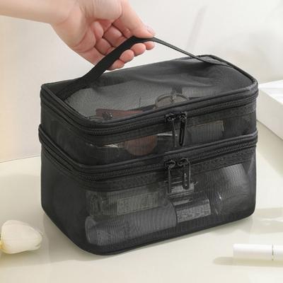 Makeup Bag Double-layer Large Capacity Smooth Zipper Portable Handle Multi-functional Storage Transparent Travel Toiletry Makeup Bag Women Accessories