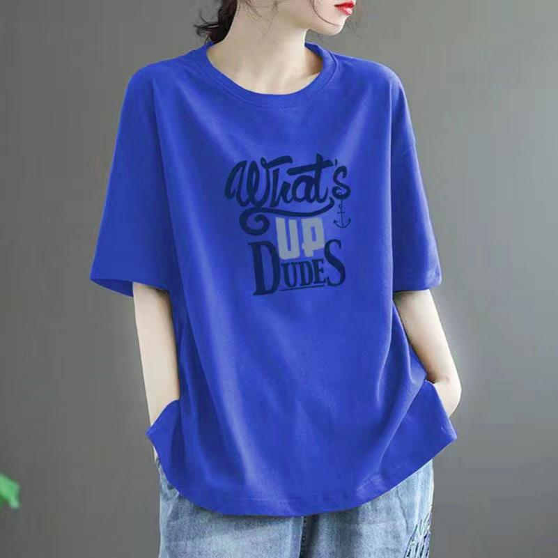 Cotton Short-sleeved T-shirt Women's Summer Loose Large Size All-match Western Casual Printed Top Trend