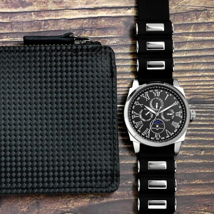 [Salvatore Marra] Watch Moon Phase Multi-Calendar 50m Waterproof Business Formal Men's Rubber Strap Limited Edition Black Silver