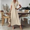Damenmode V-Ausschnitt Kurzarm Farbe Reißverschluss Lässig Urlaub Langes Kleid Baumwolle Leinen Kleider