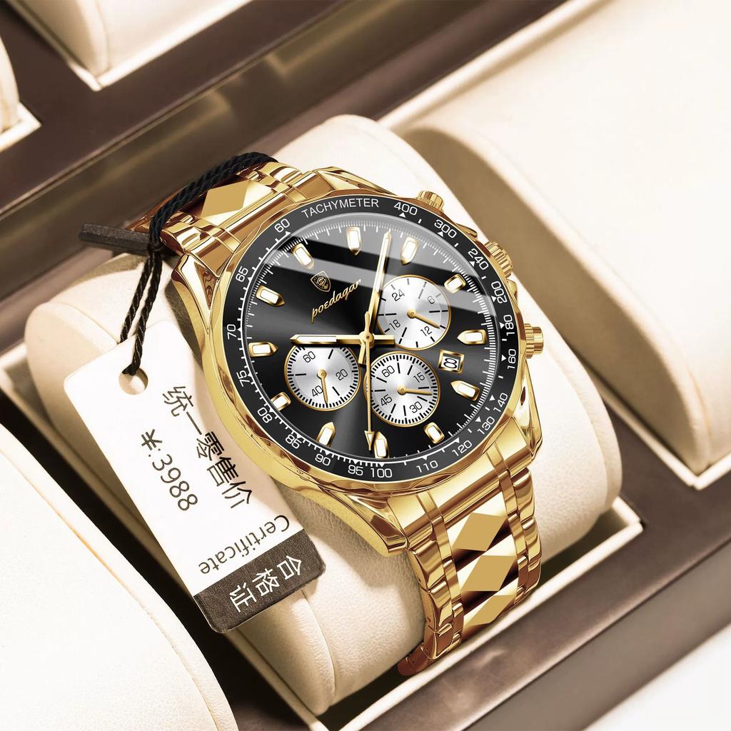 Trendy Technology Multi-function Steel Band Men's Watch Luminous Quartz Watch for Christmas and Halloween Gifts