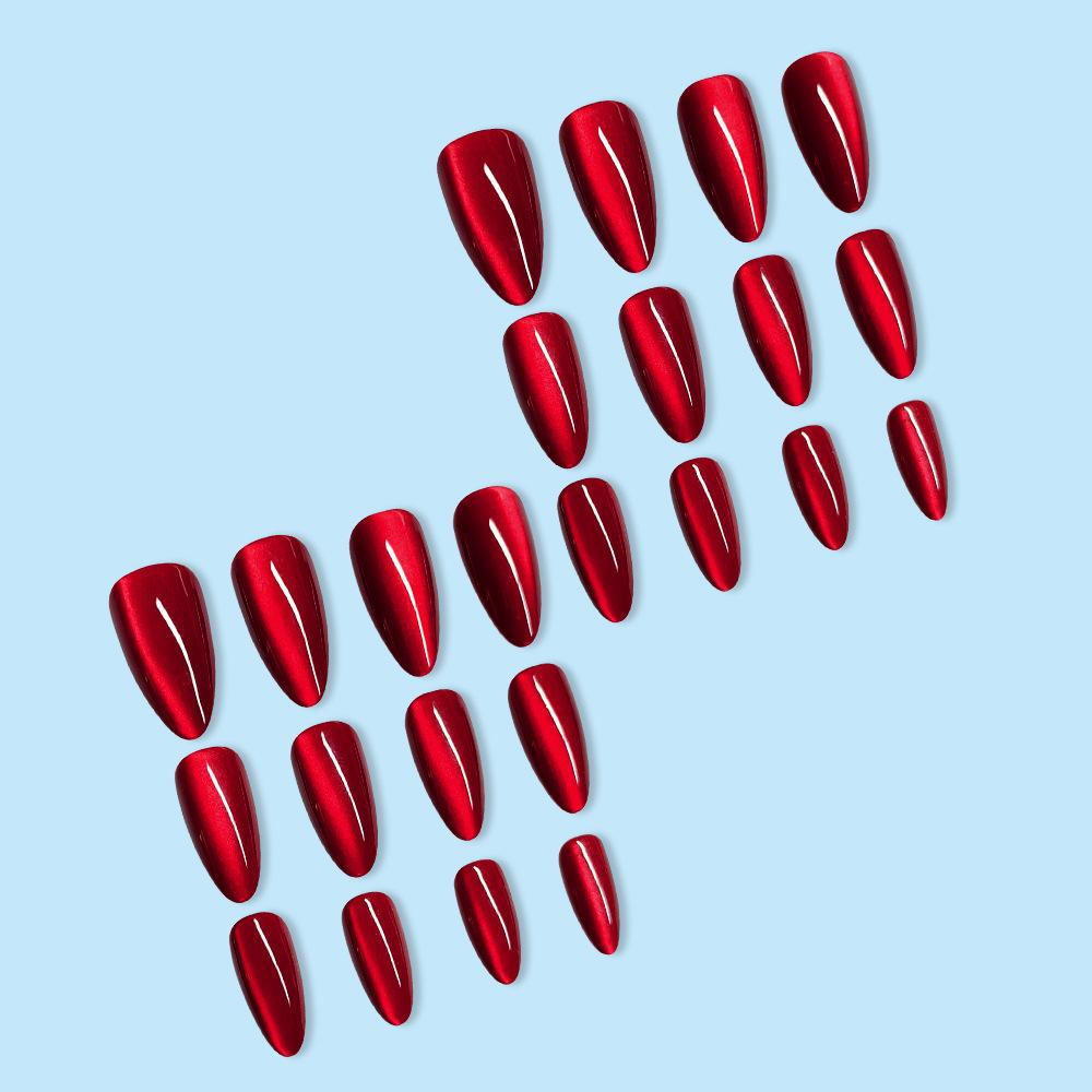 24Pcs Glossy Red Cat Eye Press On Nails, Almond Full Cover Wearable False Nails for Women