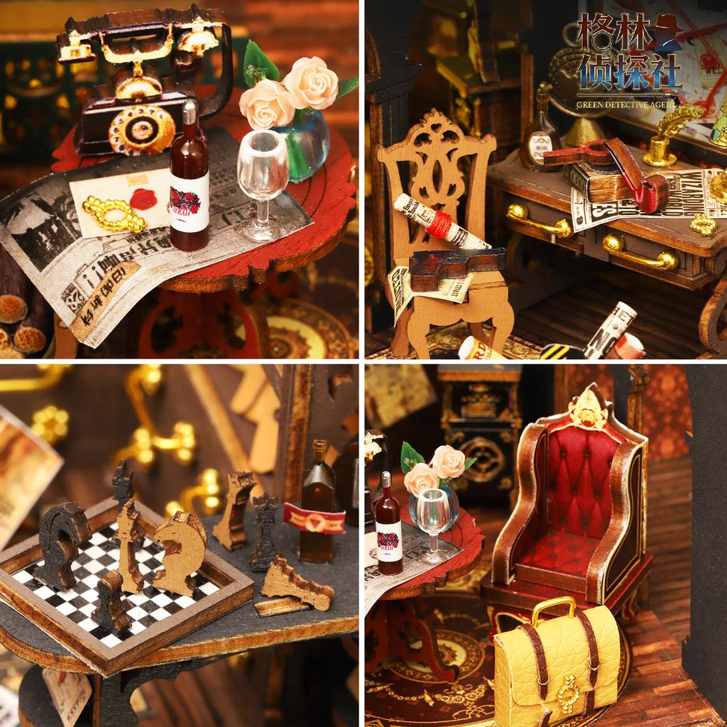 Jiate DIY Dollhouse Green Detective Agency Wooden Miniature Villa Model Kit Handmade Stress Relief Birthday Gift for Men Decorative Ornament