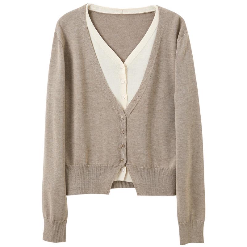 SanCai 2025 Fall V-Neck Faux Two-Piece Knit Top