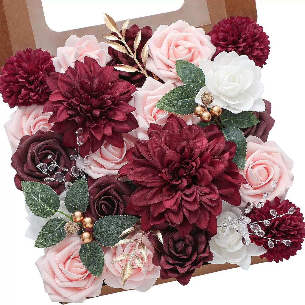 Artificial Flower Combination Box Set, Pink Silk Artificial Rose Bride Bouquet for Outgoing/Indoor DIY Center Piece Flowers for