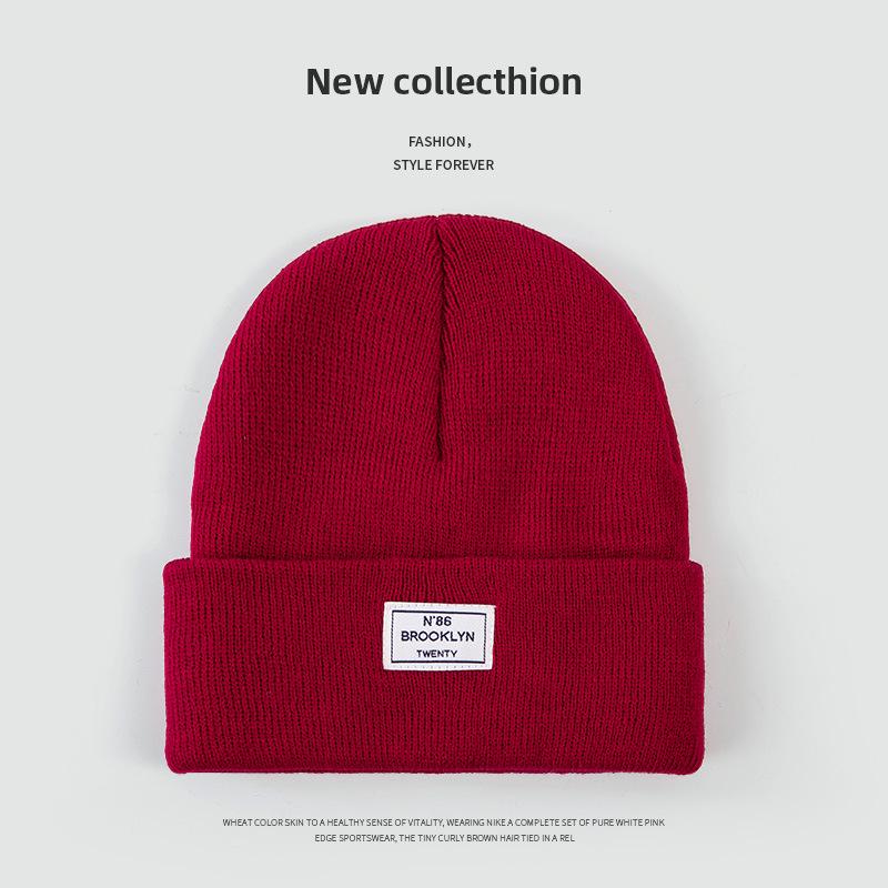 Autumn and Winter Knitted Hat Niche Personality Fashion Melon Rind Wool Hat Warm Protection Amount Simple Letter Cloth Label Cold Hat