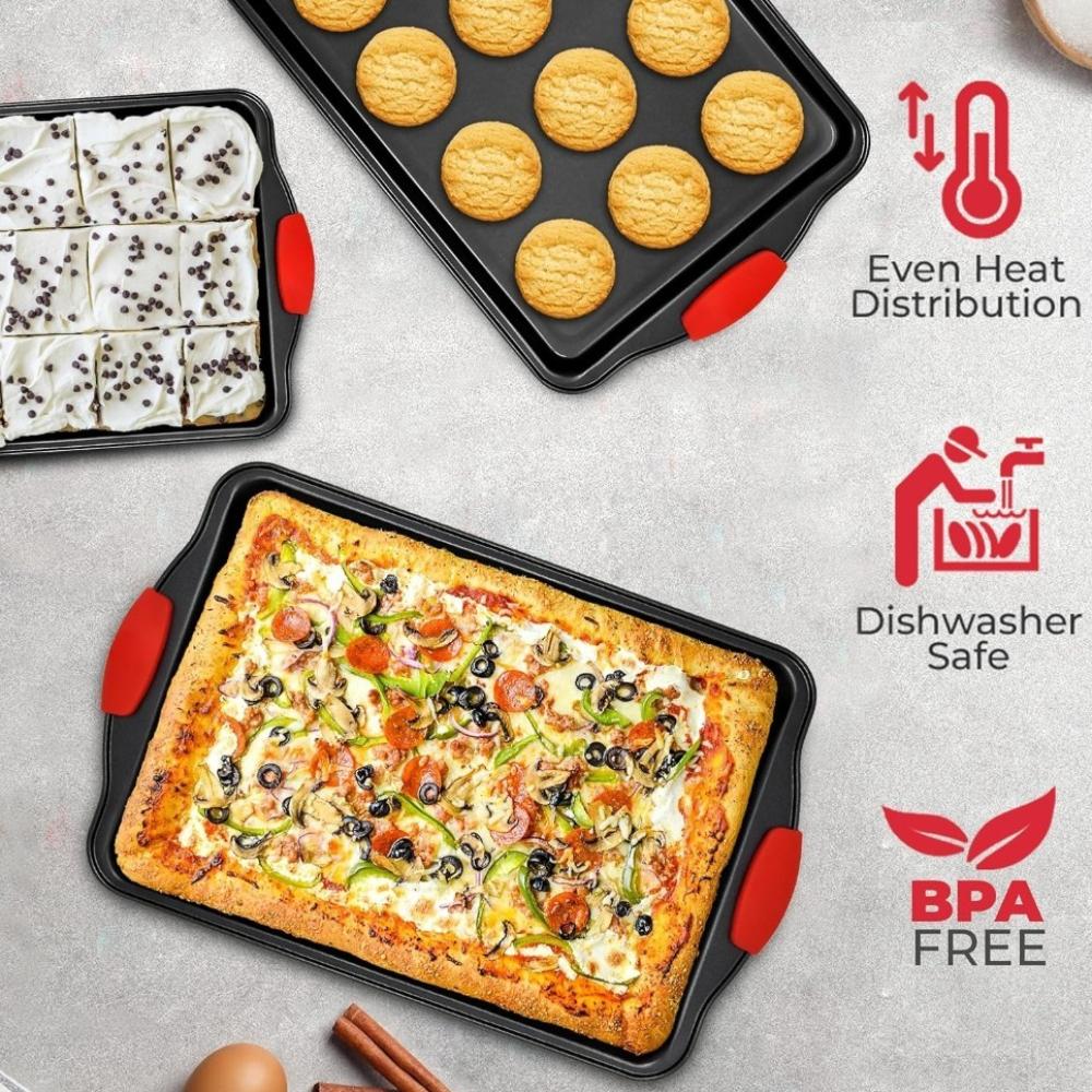 Baking Pan Set Nonstick Black Carbon Steel with Silicone Handles Stackable Baking Trays Set for Cookies Baking Kitchen Bakeware