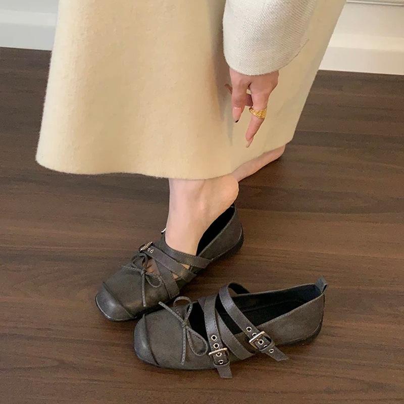 Fashion retro ballet shoes women's summer cross-buckle shallow mouth square head single shoes versatile flat Mary Jane shoes