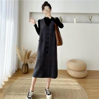 Mid Length Knitted Vest Skirt New Loose and V-neck Sweater Spring and Autumn Women Tank Top Dress Female Tops