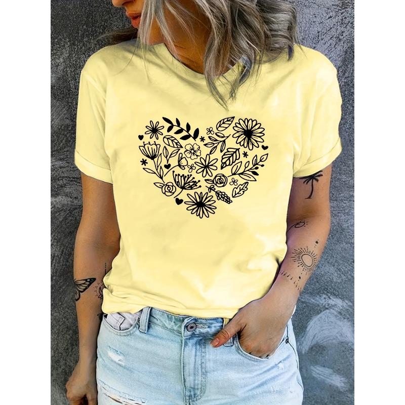 Floral Heart Print T-shirt, Short Sleeve Crew Neck Casual Top for Summer & Spring, Women's Clothing