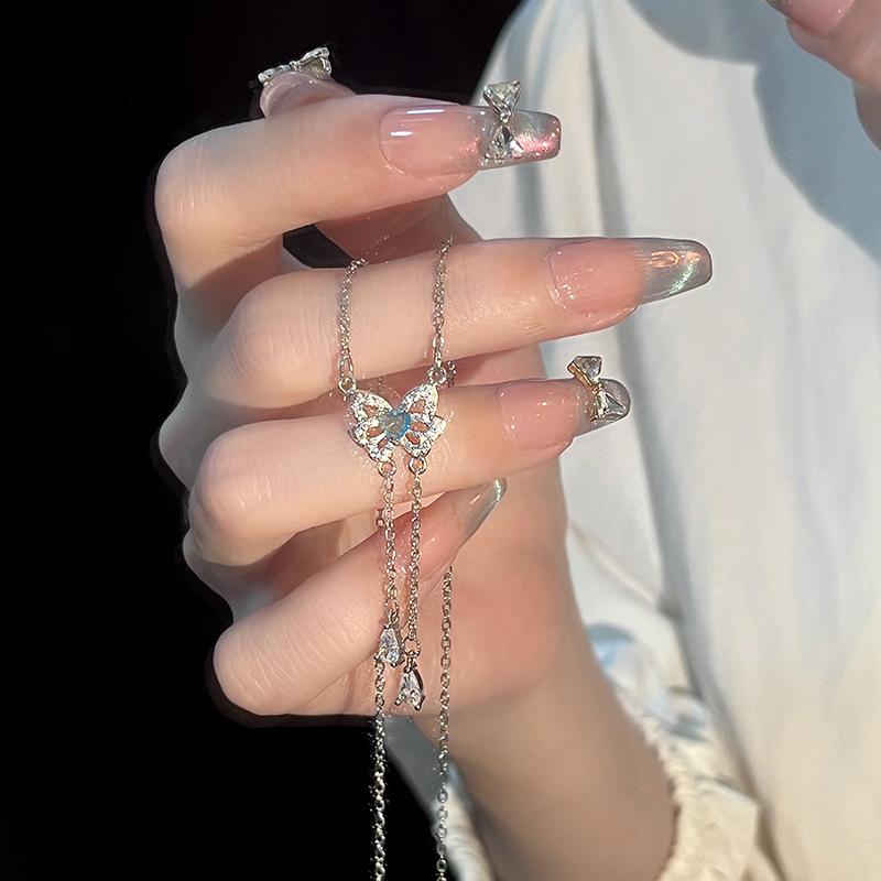Butterfly Necklace Women's Light Luxury Niche Temperament Blue Zirconium Tassel Stainless Steel Clavicle Chain