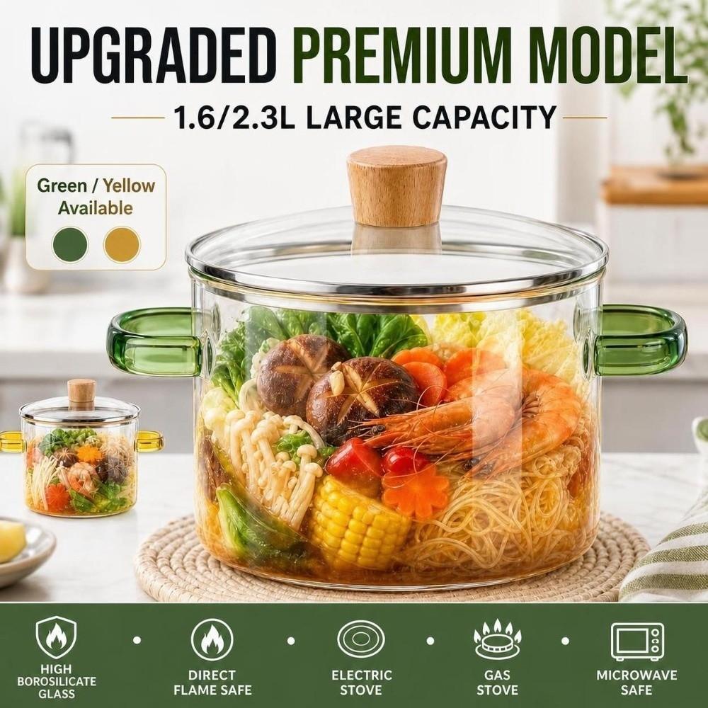Heat Resistant Clear Glass Cooking Pot 1.6/2.3L Glass Soup Pot Kitchen Tools