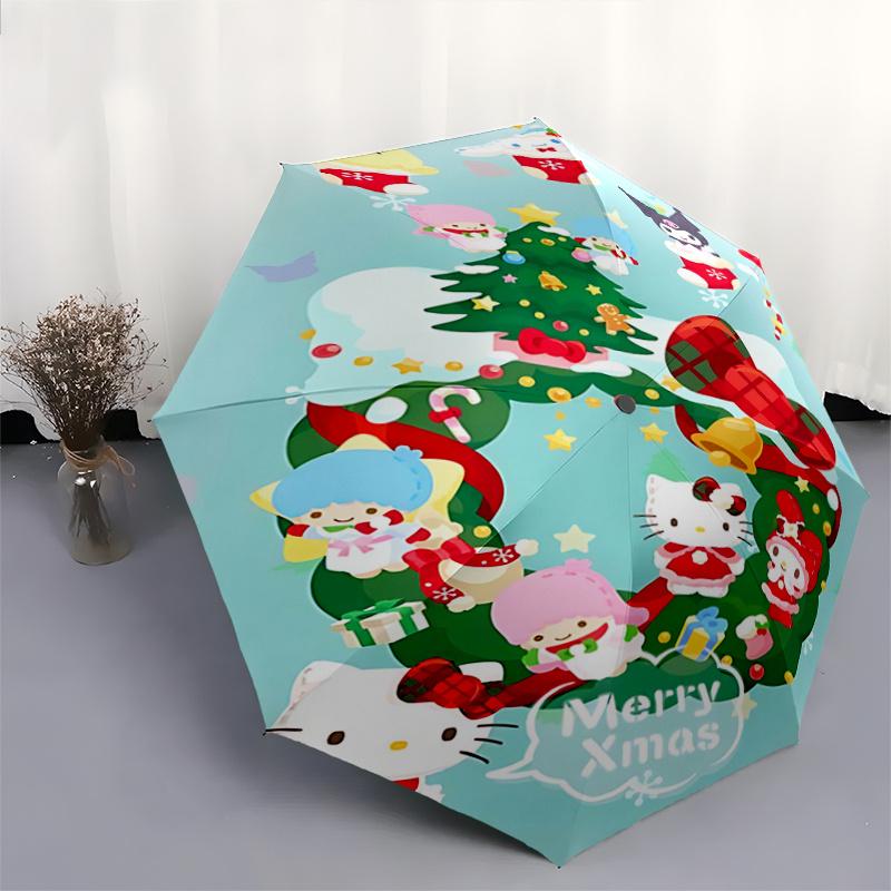 1pc Hello Kitty Christmas Wreath Design Automatic Folding Umbrella - Portable 3-Fold Design with 8-Rib Iron Frame, Perfect Holiday Gift for Fans, Trav