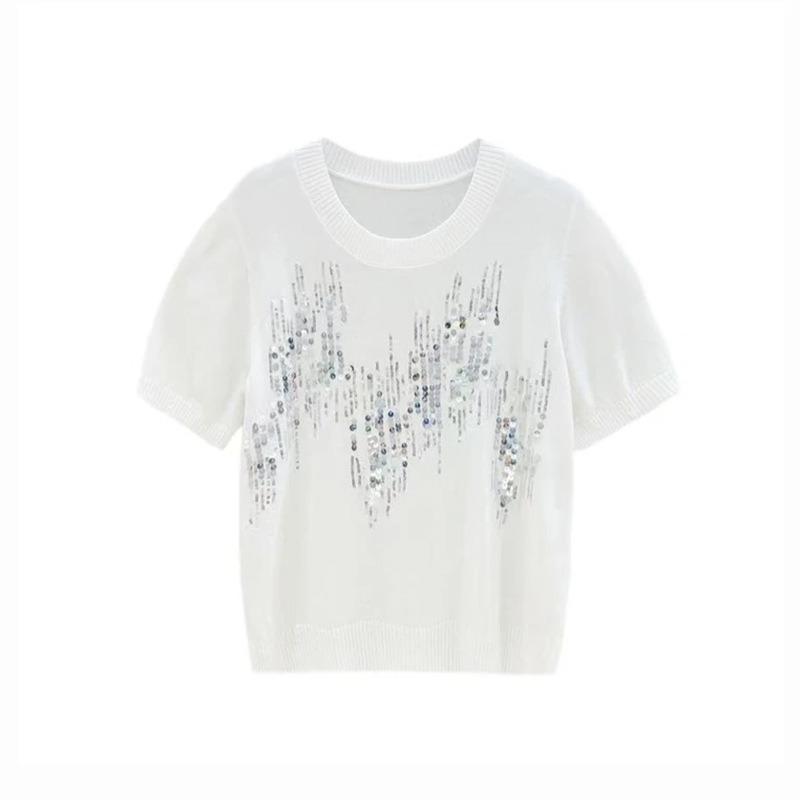 women round neck sequin knit top short sleeve casual t shirt