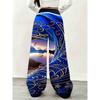 Women's Blue Fantasy Art Print Wide Leg Sweatpants - Loose Waist Drawstring Belt Side Pocket