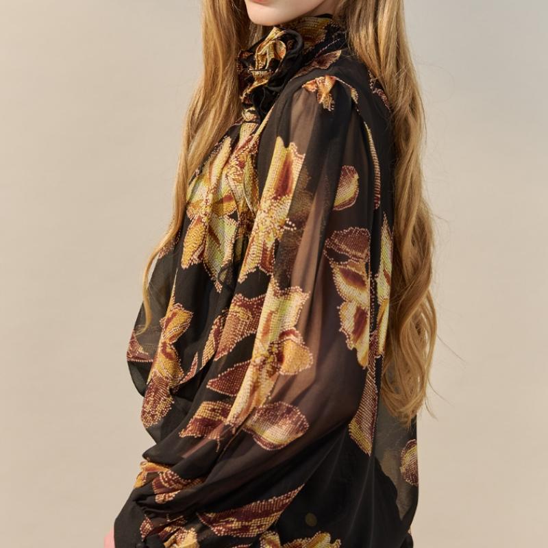 Maxza Flower Corsage High Neck Sheer Blouse Zf05qb008nh