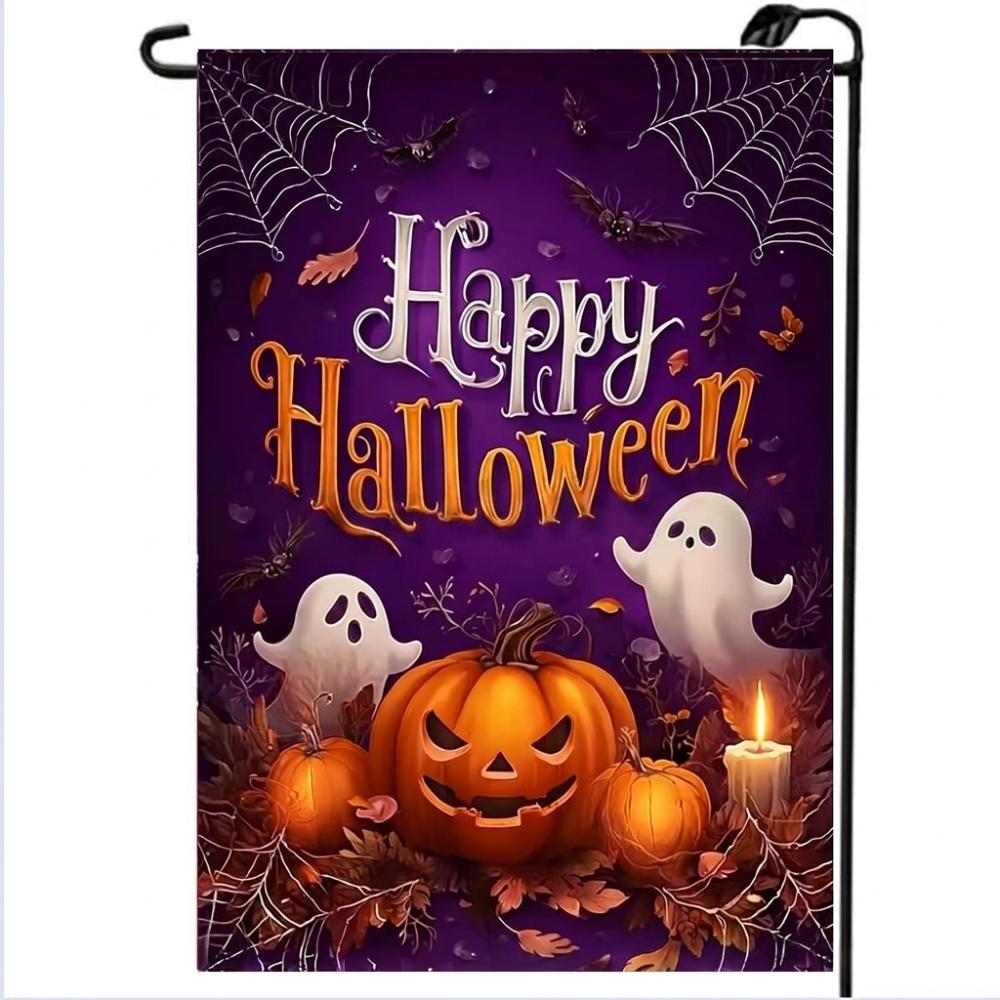 2D Flat Print Halloween Garden Flag Single Sided Haunted House Pumpkin Black Cat Cloth Spooky Polyester Halloween Outdoor Banner