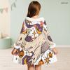 Girls Furry Trim High Neck Long Sleeve A Line Flared Hem Ghost Pumpkin Floral Printed Dress