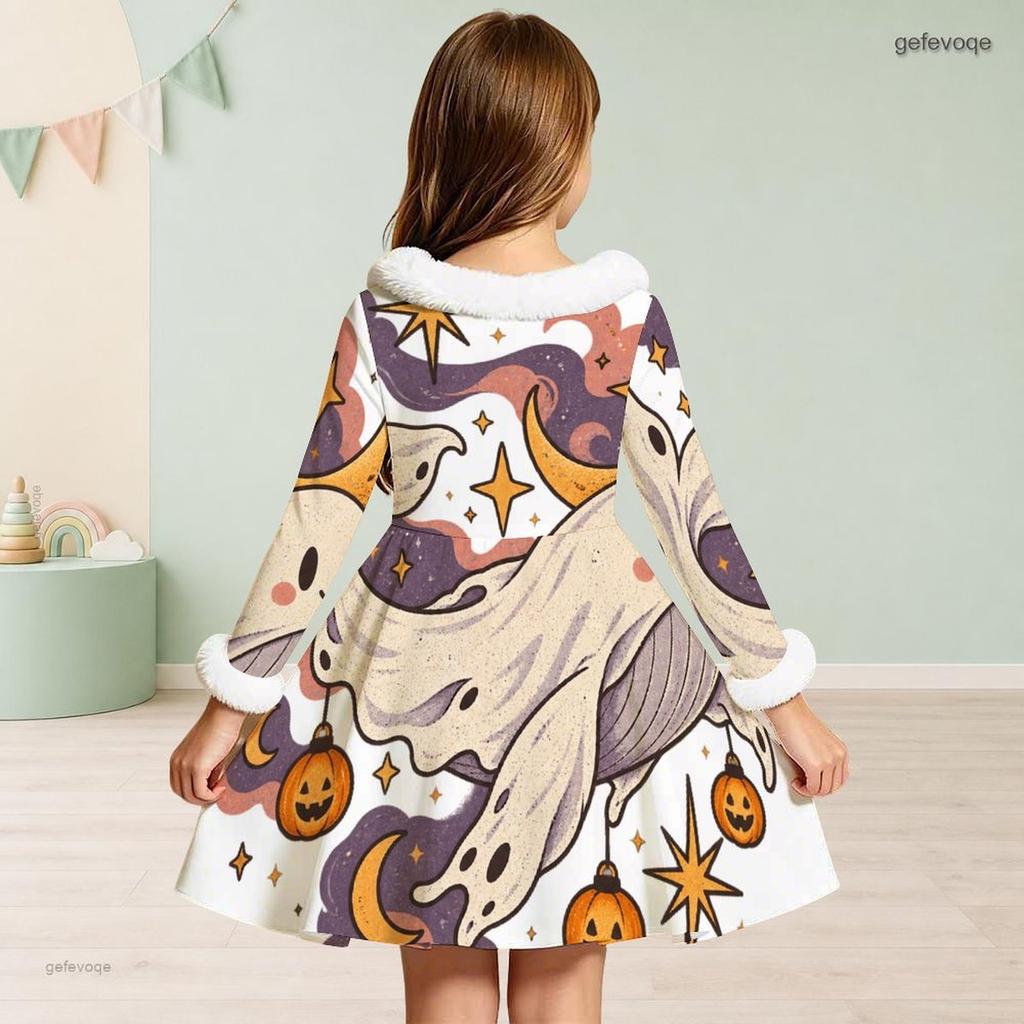 Girls Furry Trim High Neck Long Sleeve A Line Flared Hem Ghost Pumpkin Floral Printed Dress