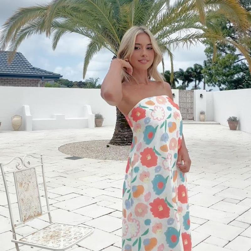 Damska Letnia Codzienna Długa Spódnica z Nadrukiem Seksowna Sukienka Bez Ramiączek Wakacje na Plaży High-end