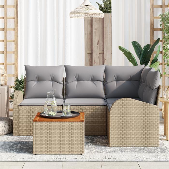 VidaXL Ensemble de Canapé 5 Pièces avec Coussins en Poly Rattan Beige et Acacia 3347574