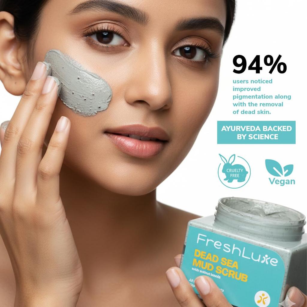 FreshLuxe Dead Sea Mud Face & Body Scrub | Lactic Acid for Detan, Exfoliation & Skin Brightening | Natural Ingredients | Body Polish | Walnut Beads