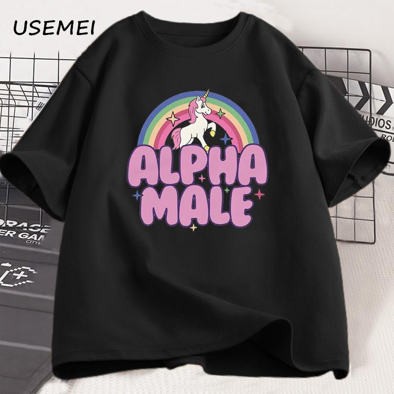 Alpha Male Unicorn Rainbow T Shirts Oversize Men Casual Fashaion Graphic Tees Unisex Round Neck Print Mens Short Sleeve Tshirt